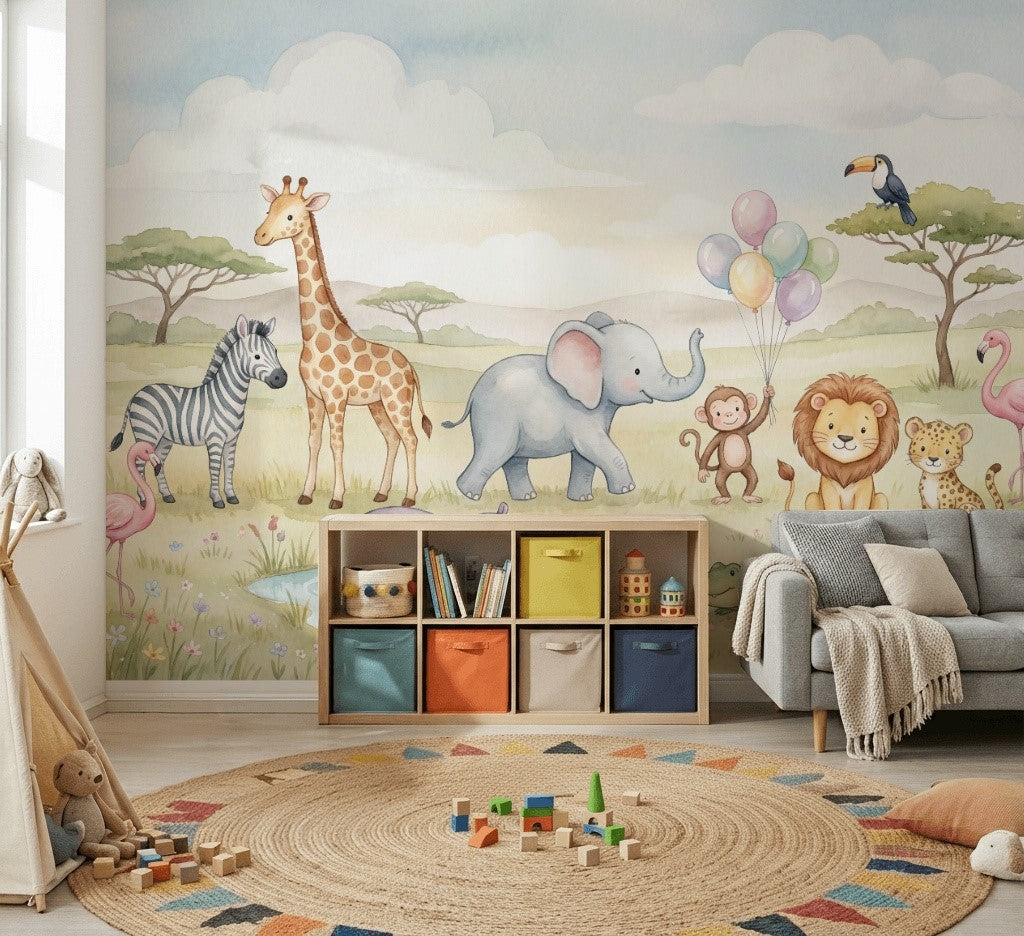 Safari Animals Wallpaper Savanna Landscape Watercolor Removable Wall Decor