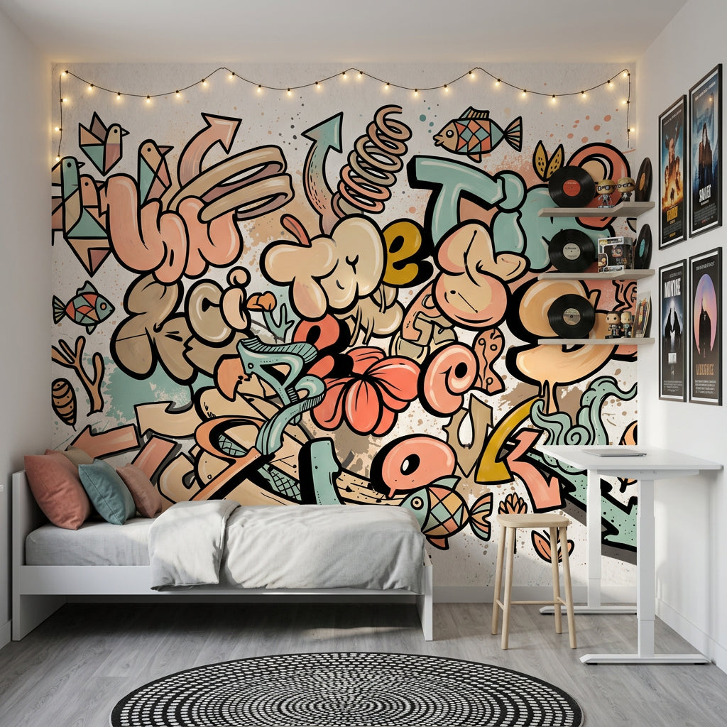 Abstract Graffiti Wallpaper Bubble Lettering Arrows Wall Mural