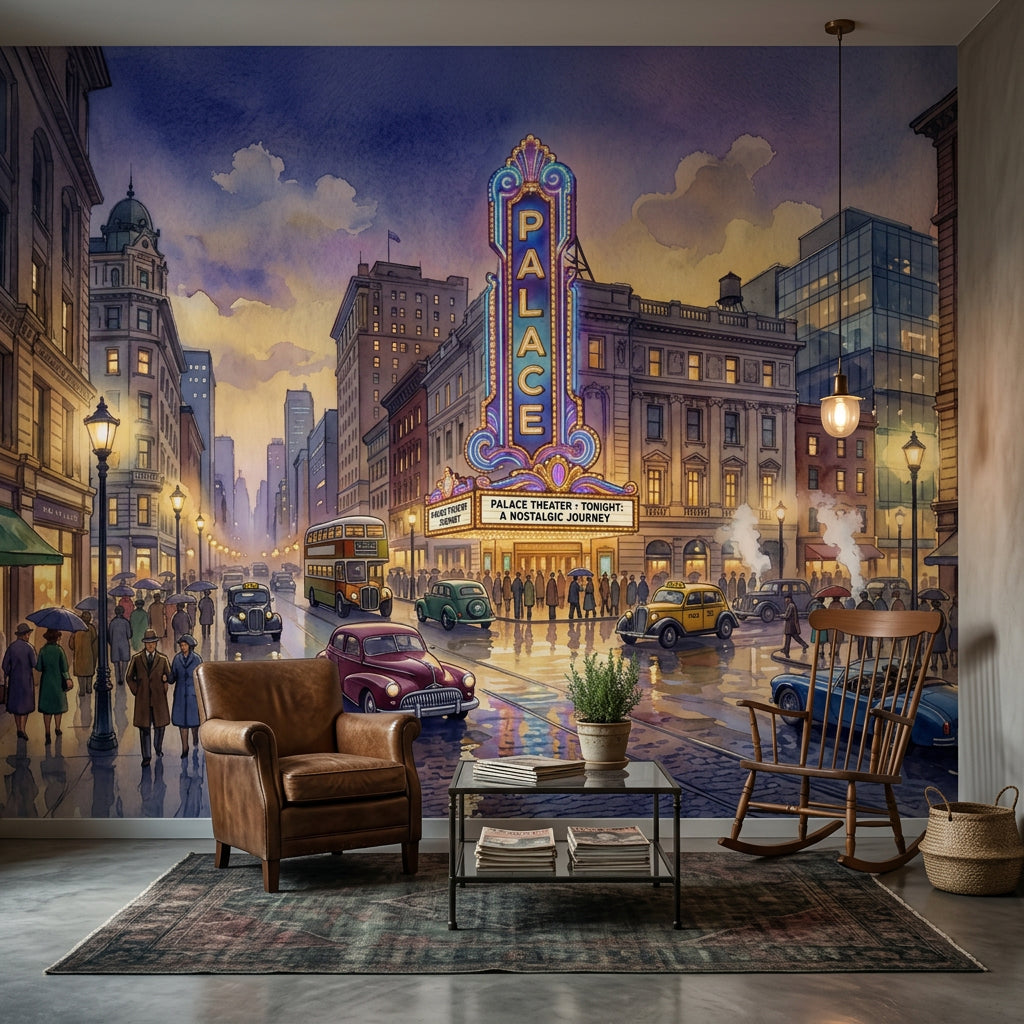 Vintage Cityscape Wallpaper Theater Marquee Rainy Street Reflections Wall Mural