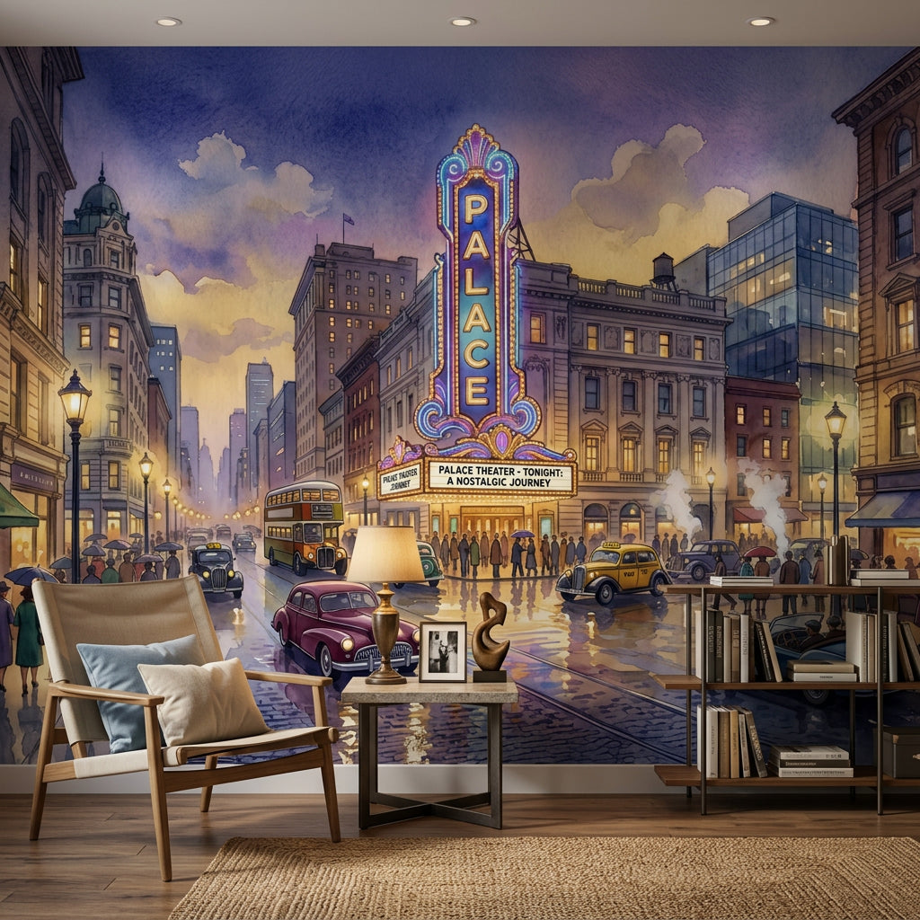 Vintage Cityscape Wallpaper Theater Marquee Rainy Street Reflections Wall Mural