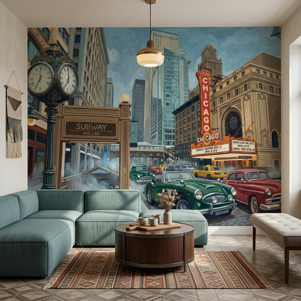 Chicago Cityscape Wallpaper Urban Street Theater Marquee Removable Wall Decor