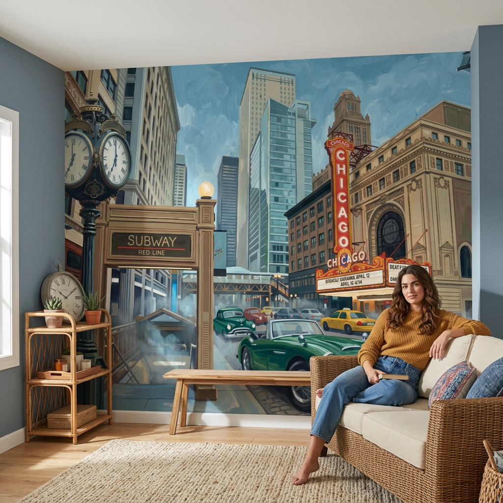 Chicago Cityscape Wallpaper Urban Street Theater Marquee Removable Wall Decor