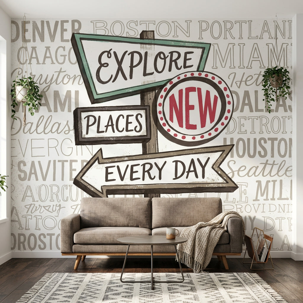 Travel Typography Wallpaper Signpost Explore Wall Mural