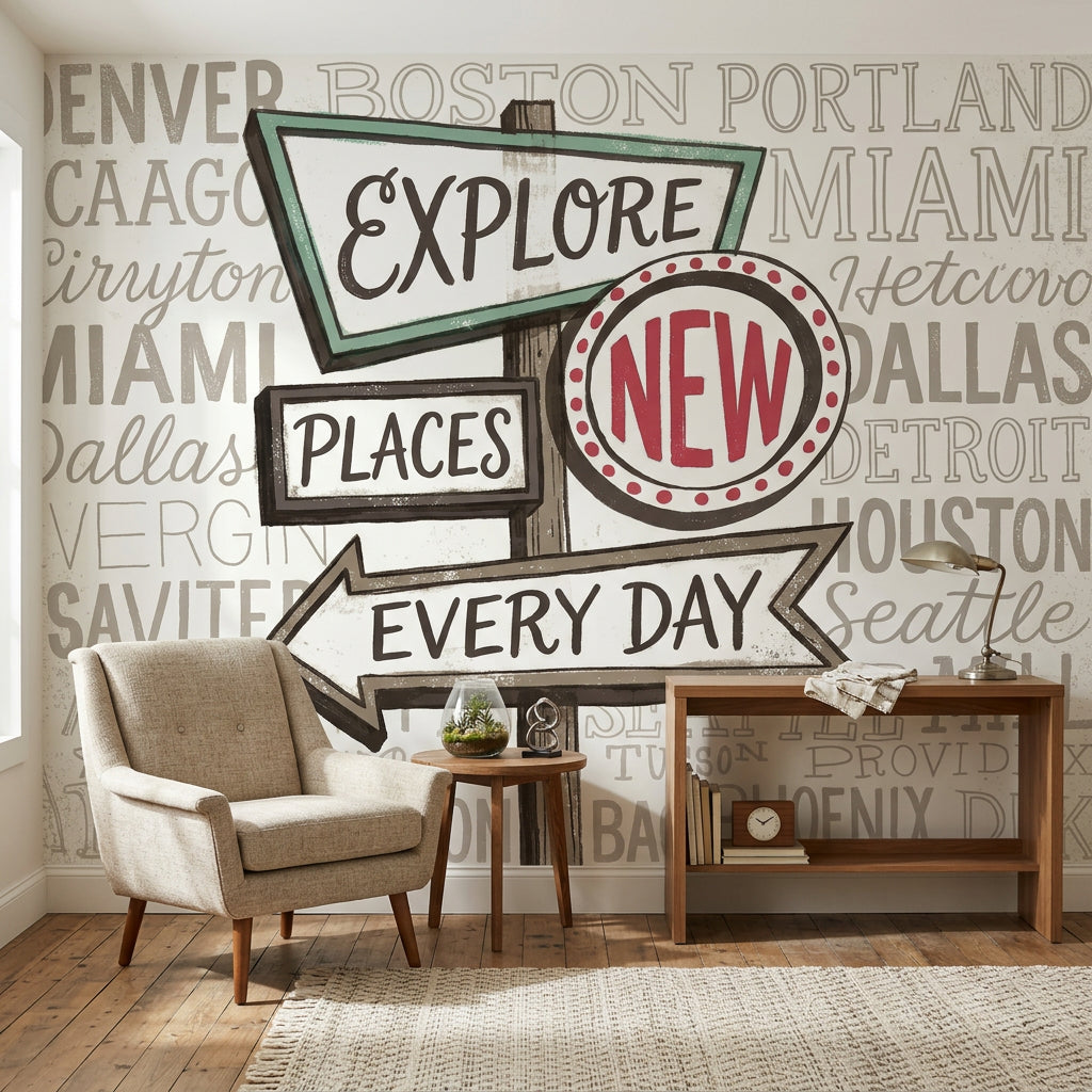Travel Typography Wallpaper Signpost Explore Wall Mural