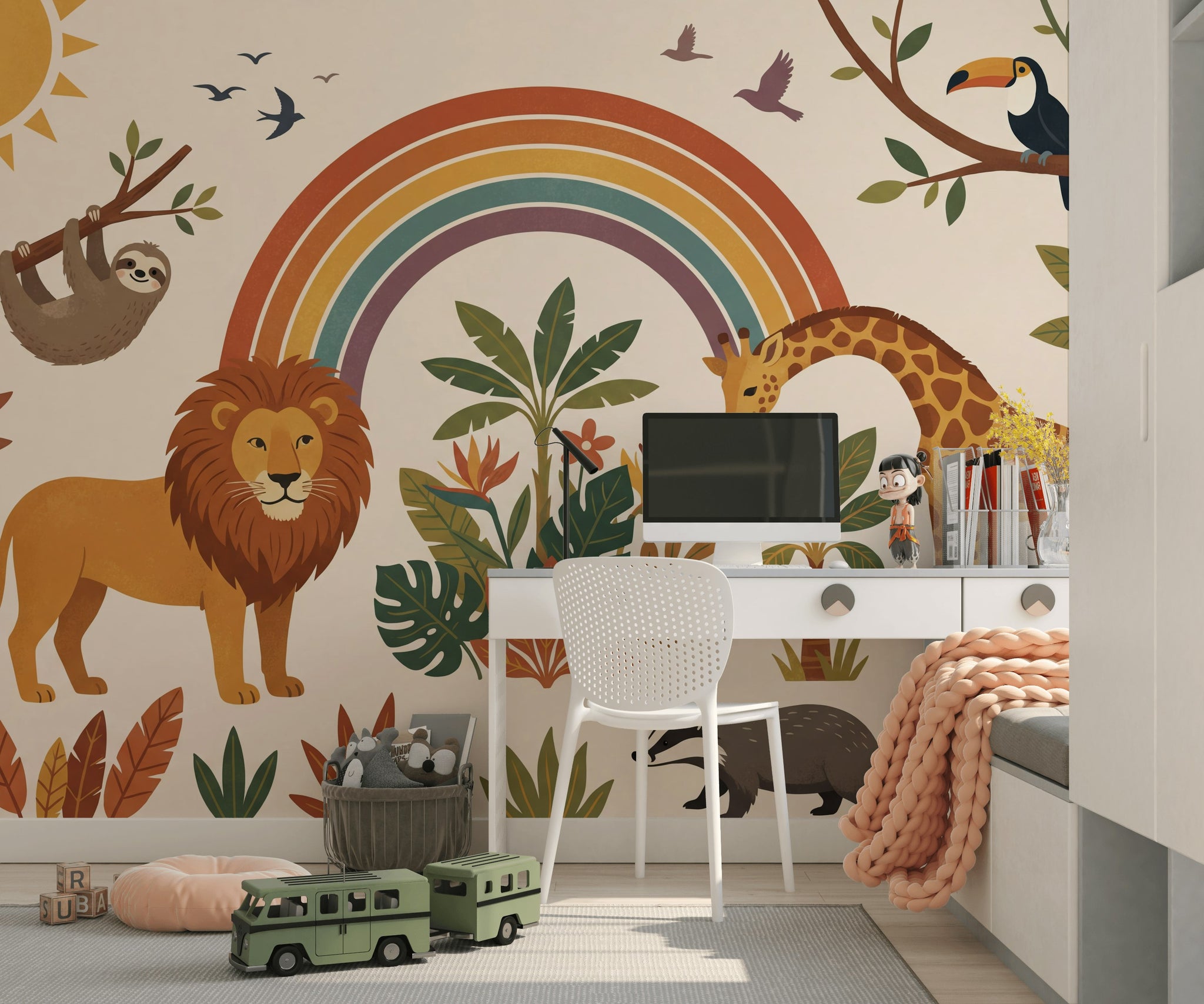 Safari Animals Wallpaper Rainbow Removable Tropical Foliage Wall Decor