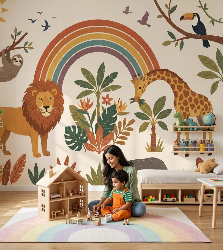 Safari Animals Wallpaper Rainbow Removable Tropical Foliage Wall Decor