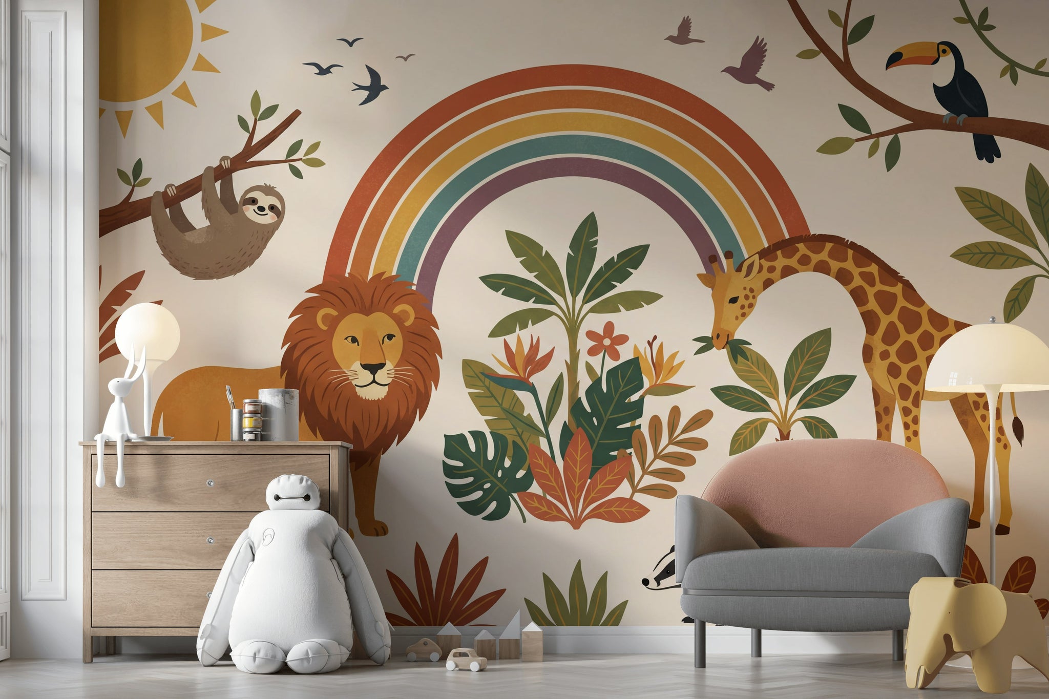 Safari Animals Wallpaper Rainbow Removable Tropical Foliage Wall Decor