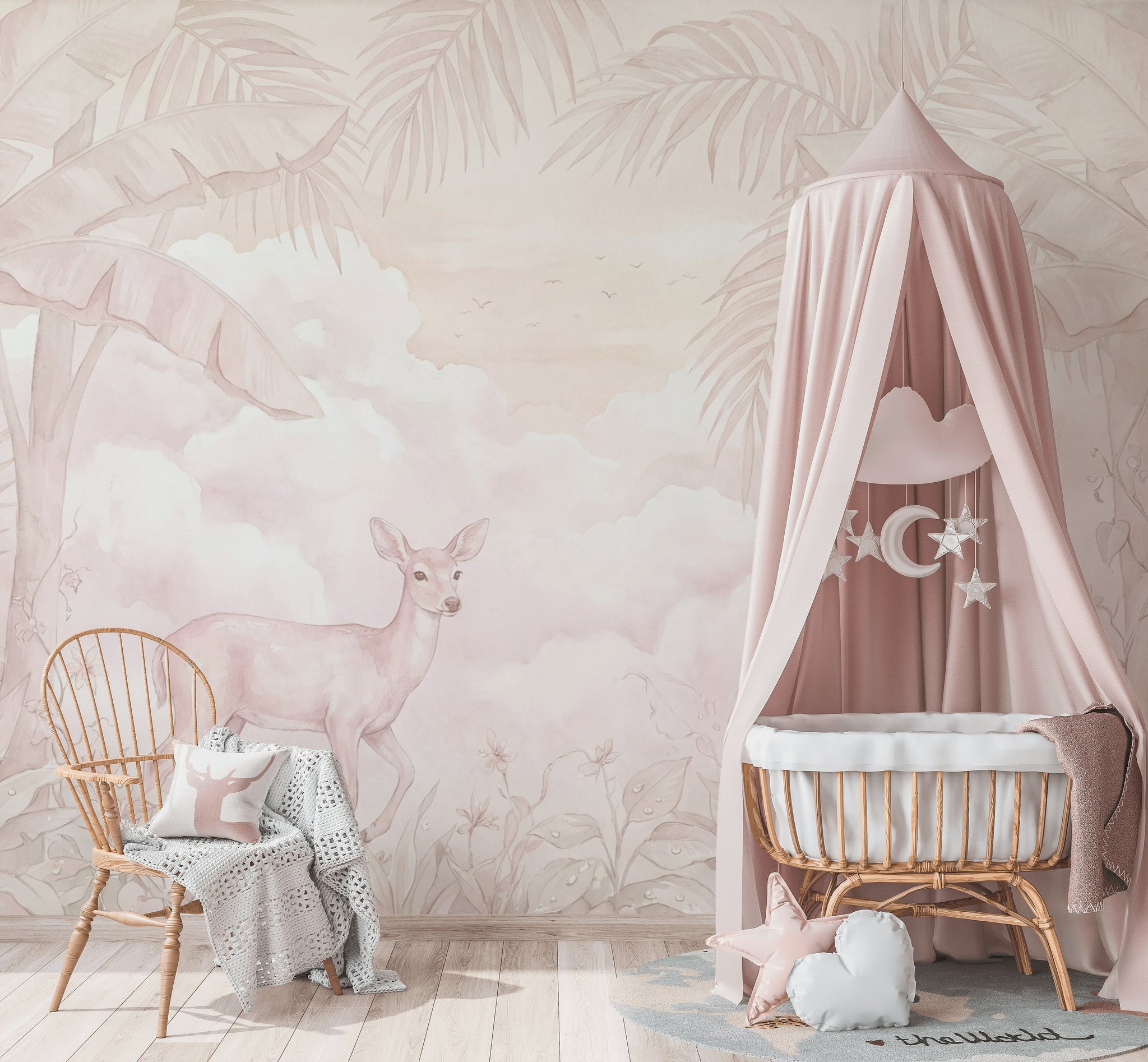 Pastel Tropical Landscape Wallpaper Deer Fawn Palm Trees Wall Mural
