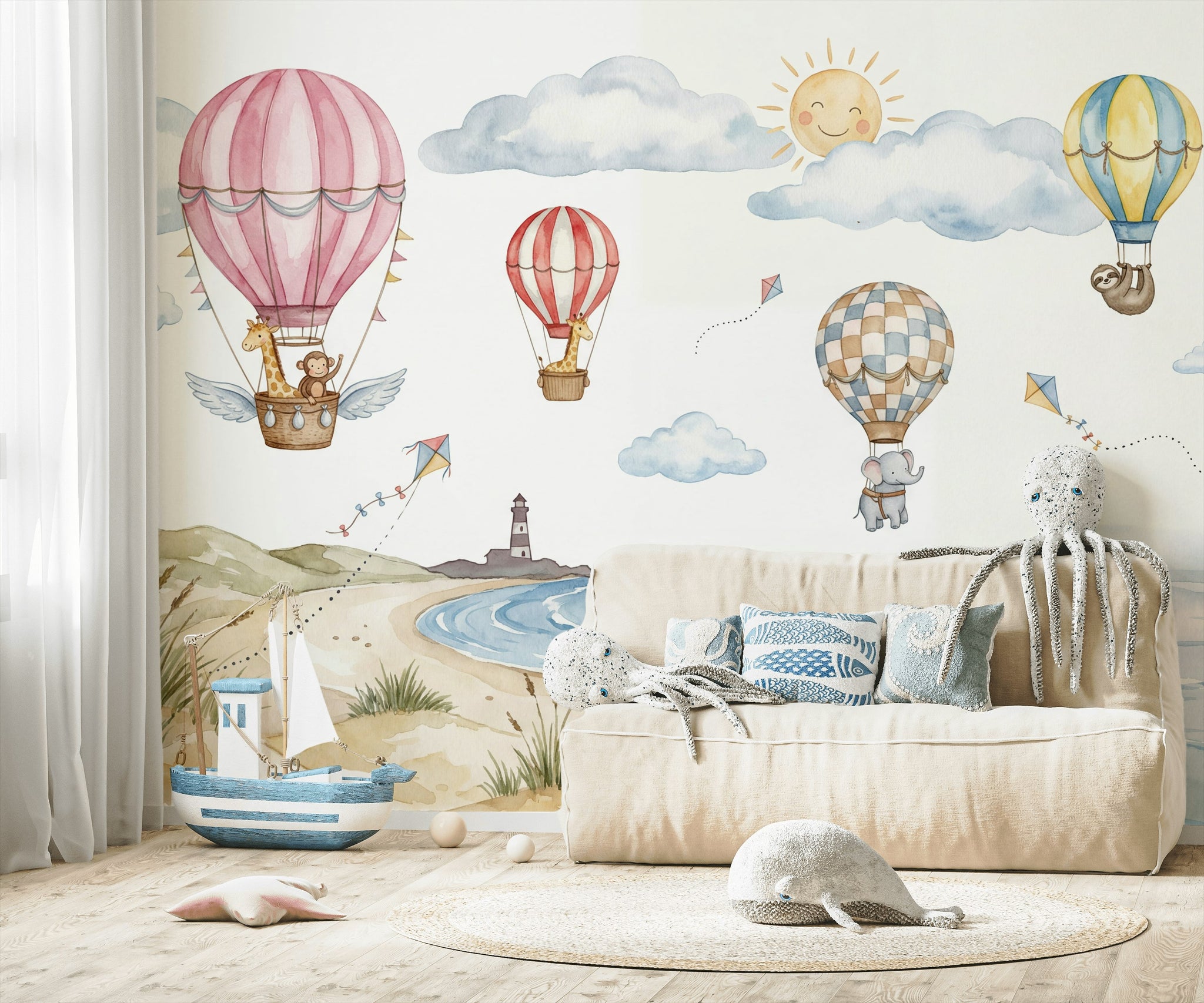 Coastal Landscape Wallpaper Watercolor Hot Air Balloons Wall Mural