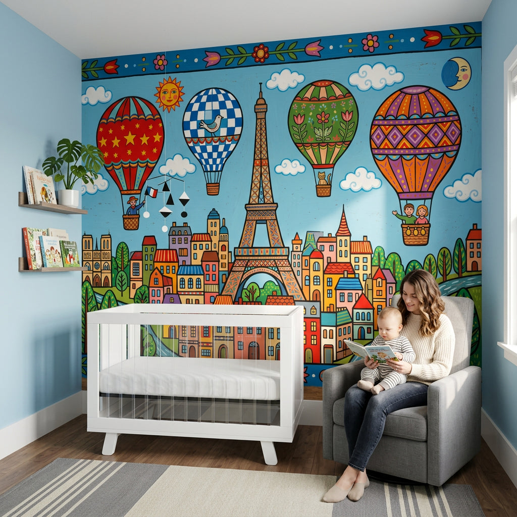 Paris Wallpaper Eiffel Tower Hot Air Balloons Removable Wall Decor