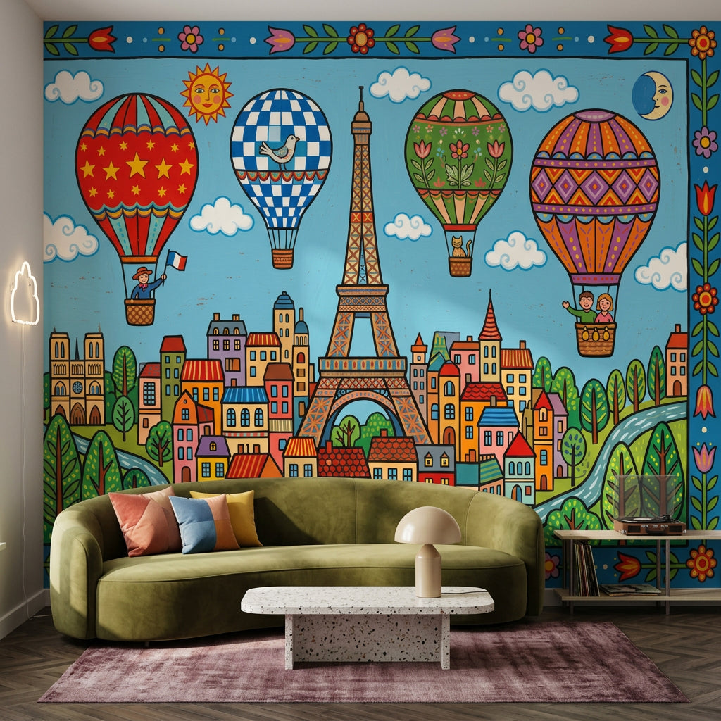 Paris Wallpaper Eiffel Tower Hot Air Balloons Removable Wall Decor