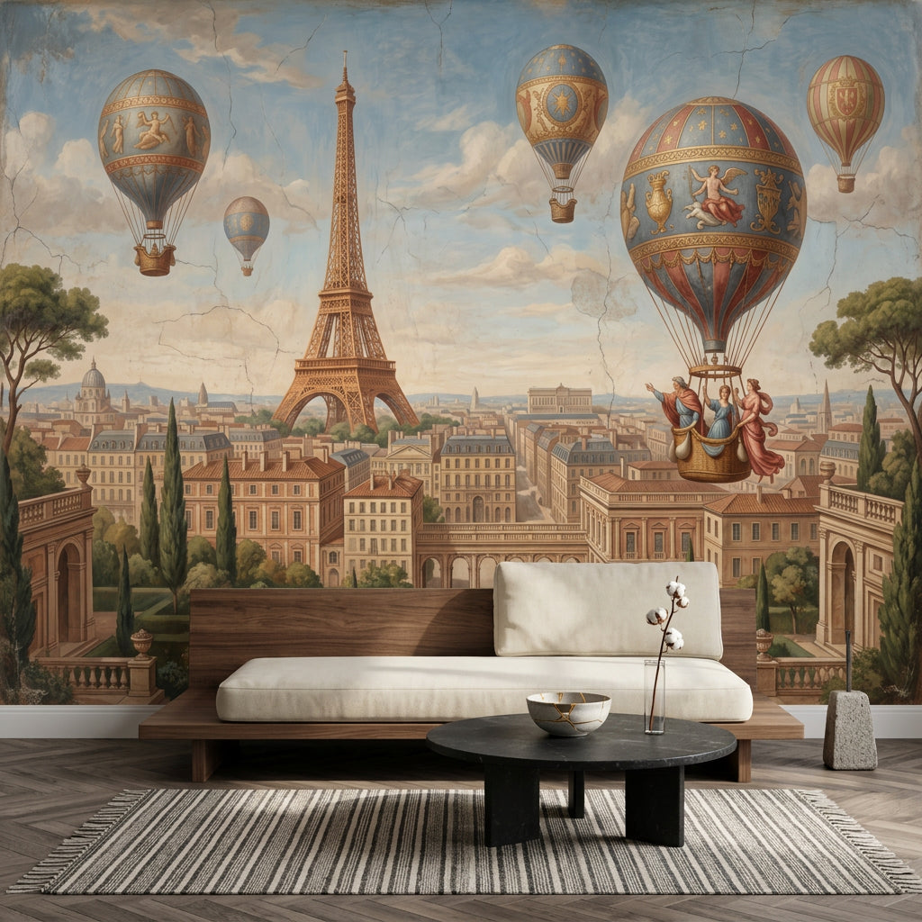 Eiffel Tower Wallpaper Paris Hot Air Balloons Removable Wall Decor