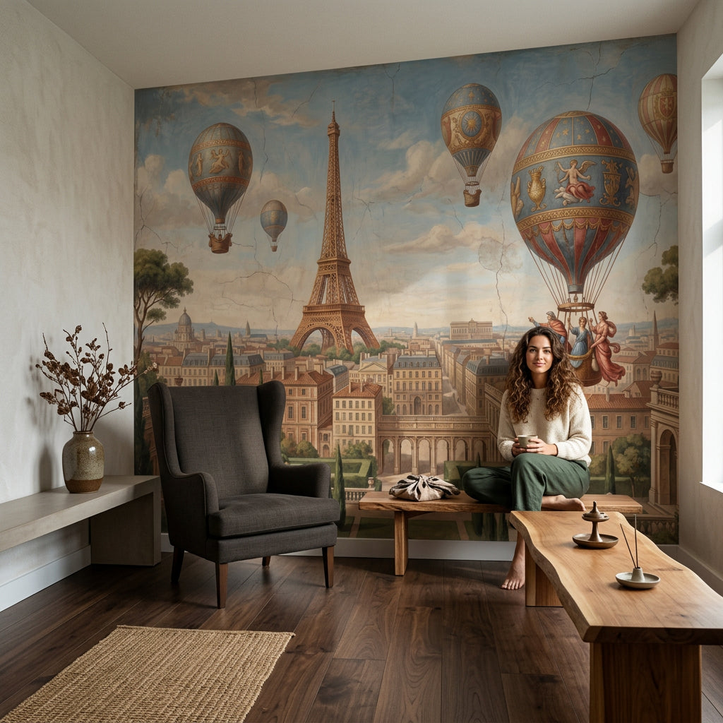 Eiffel Tower Wallpaper Paris Hot Air Balloons Removable Wall Decor