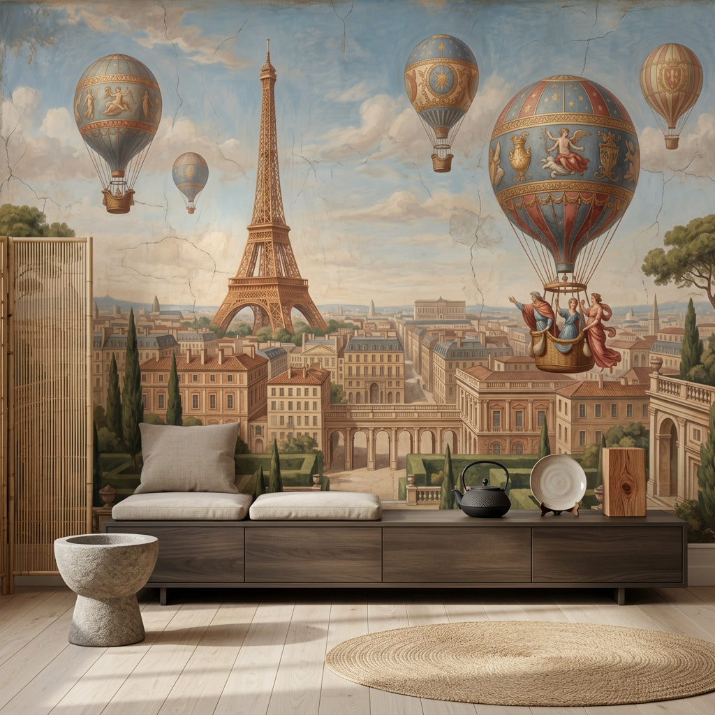 Eiffel Tower Wallpaper Paris Hot Air Balloons Removable Wall Decor