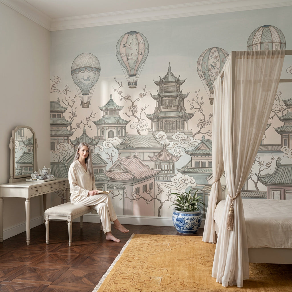 Asian Pagoda Rooftops Wallpaper Hot Air Balloons Chinoiserie Wall Mural