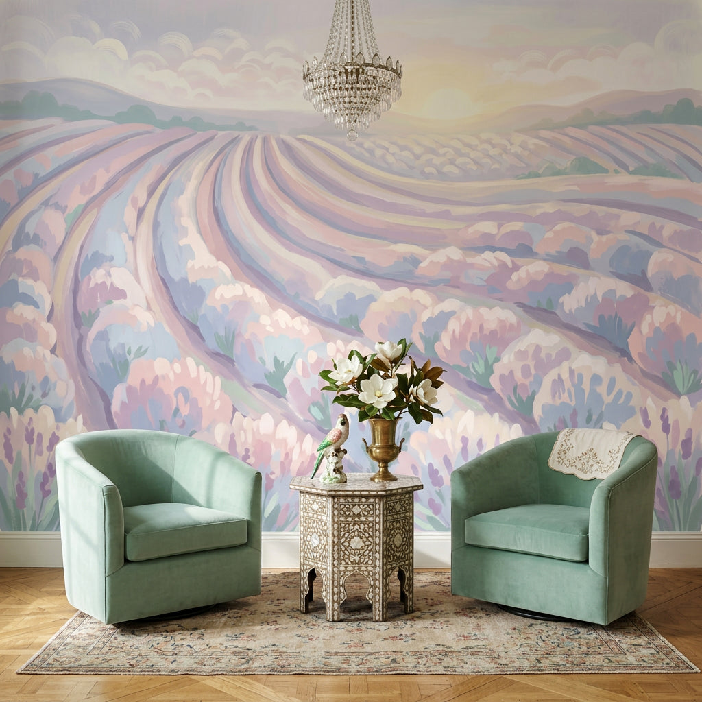 Pastel Lavender Field Wallpaper Rolling Farmland Rows Sunrise Horizon Wall Mural