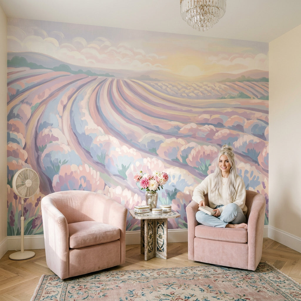 Pastel Lavender Field Wallpaper Rolling Farmland Rows Sunrise Horizon Wall Mural