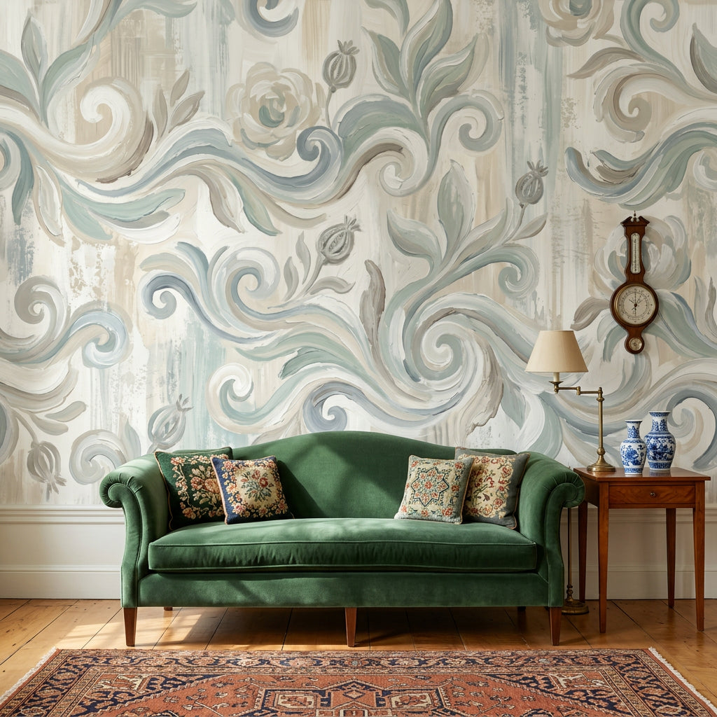 Floral Scrollwork Wallpaper Damask Inspired Hand Painted Wall Mural