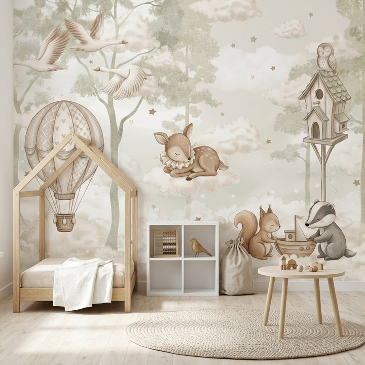 Misty Forest Wallpaper Hot Air Balloon Removable Wall Decor