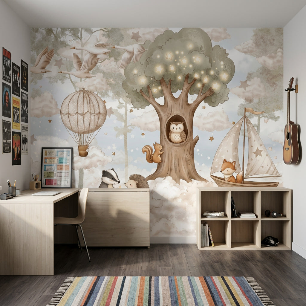 Cloudy Sky Wallpaper Hot Air Balloon With Stars Wall Mural