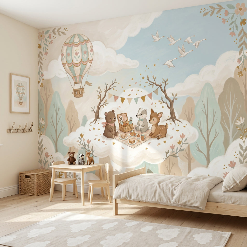 Hot Air Balloon Wallpaper Cloud Picnic Woodland Animal Removable Wall Decor