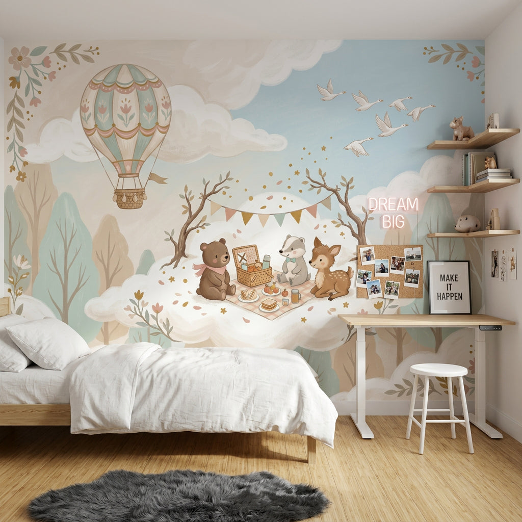 Hot Air Balloon Wallpaper Cloud Picnic Woodland Animal Removable Wall Decor