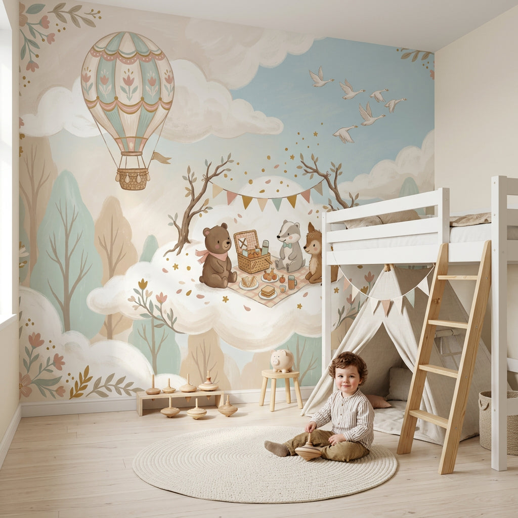 Hot Air Balloon Wallpaper Cloud Picnic Woodland Animal Removable Wall Decor