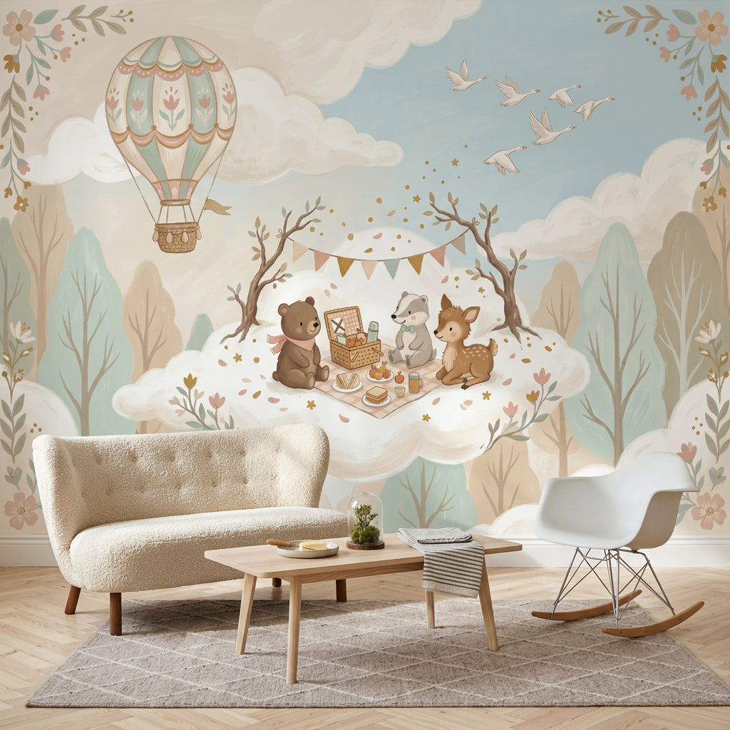 Hot Air Balloon Wallpaper Cloud Picnic Woodland Animal Removable Wall Decor