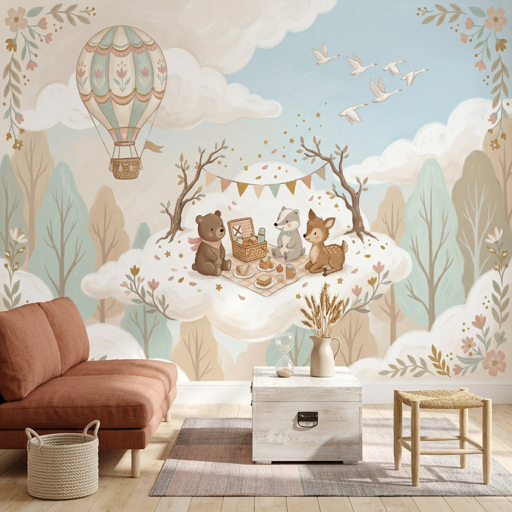 Hot Air Balloon Wallpaper Cloud Picnic Woodland Animal Removable Wall Decor