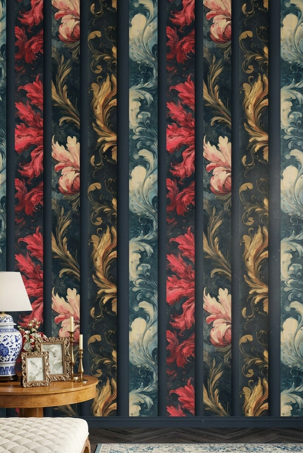 Ornamental Floral Wallpaper Damask Scrollwork Removable Baroque Inspired Wall Decor