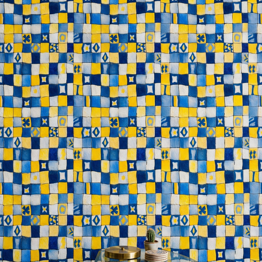 Geometric Mosaic Wallpaper Painted Tiles Mediterranean Removable Wall Decor
