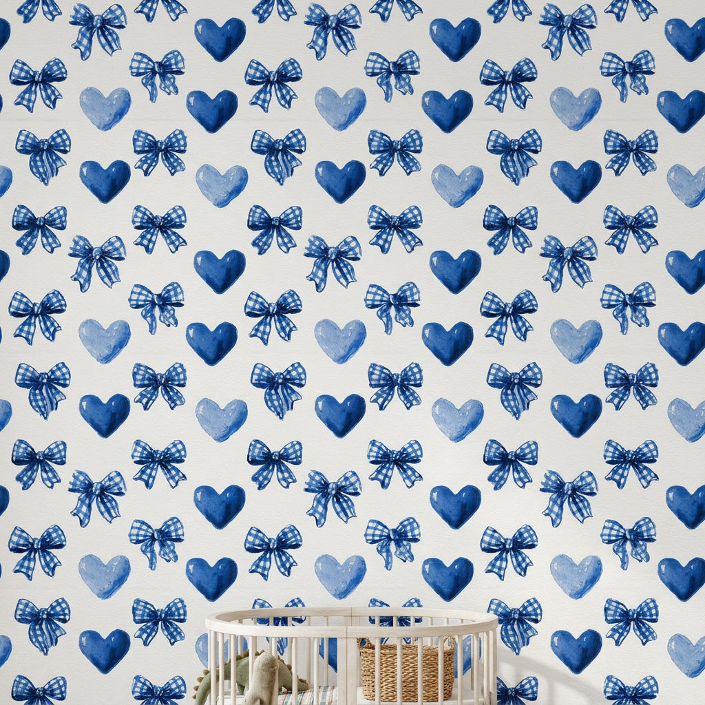Watercolor Wallpaper Blue Bows Gingham Ribbon Removable Wall Decor
