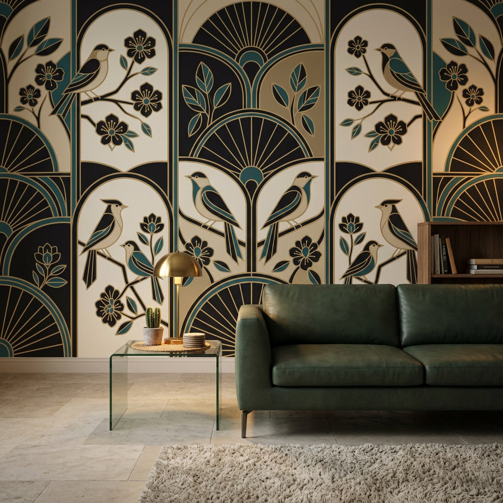 Art Deco Wallpaper Birds Teal And Gold Accents Wall Mural