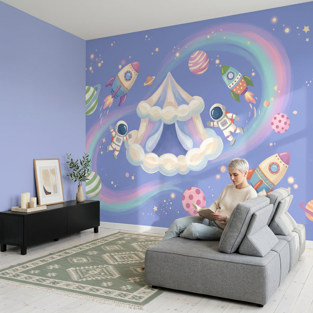 Space Wallpaper Astronauts Pastel Rainbow Wall Mural
