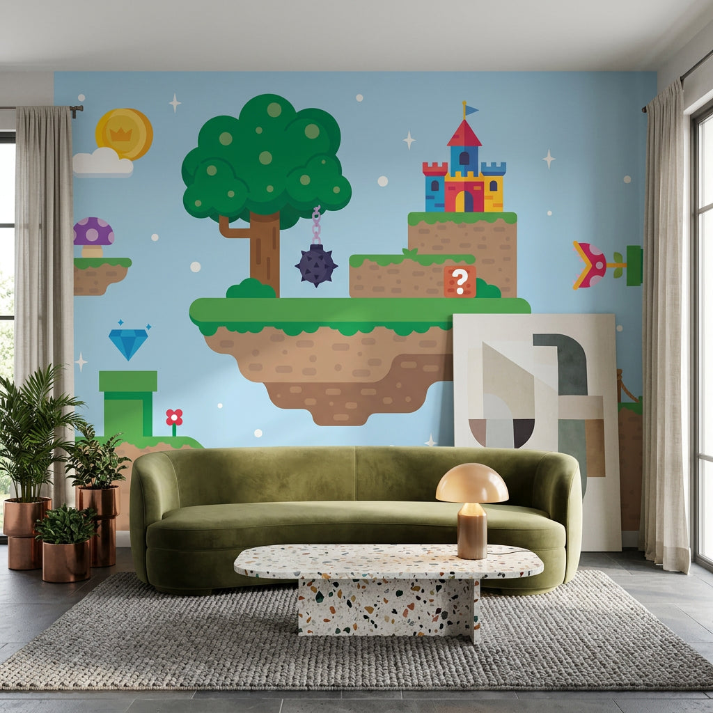 Video Game Landscape Wallpaper Floating Islands Flat Vector Removable Wall Decor