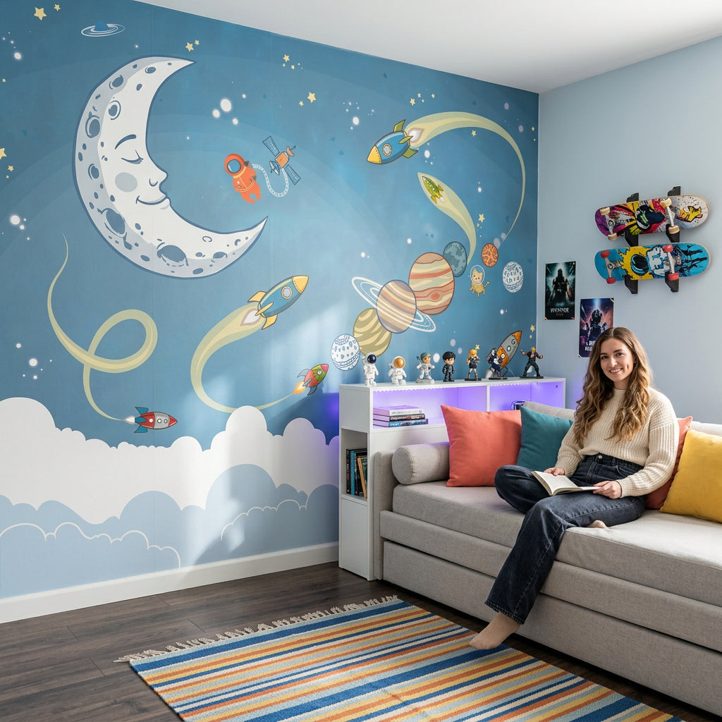Space Wallpaper Cartoon Removable Rockets Wall Decor