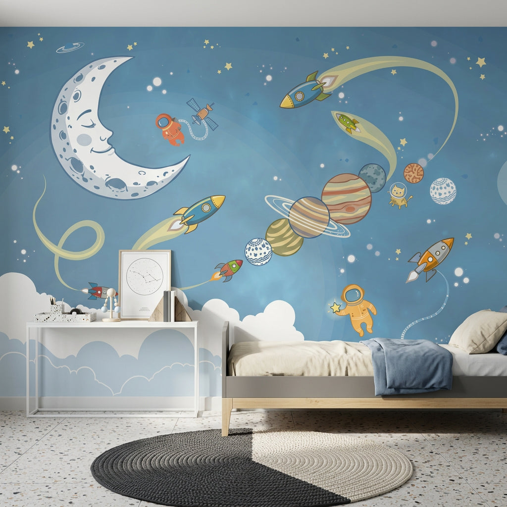 Space Wallpaper Cartoon Removable Rockets Wall Decor