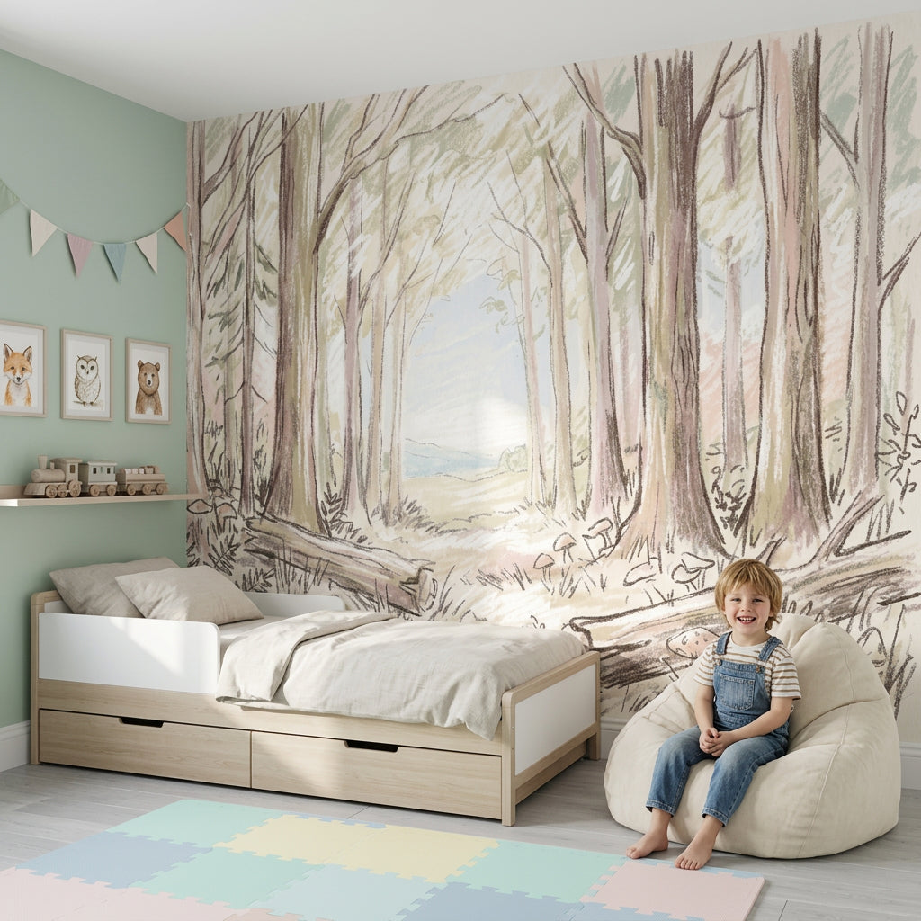 Woodland Wallpaper Forest Landscape Soft Watercolor Wall Mural