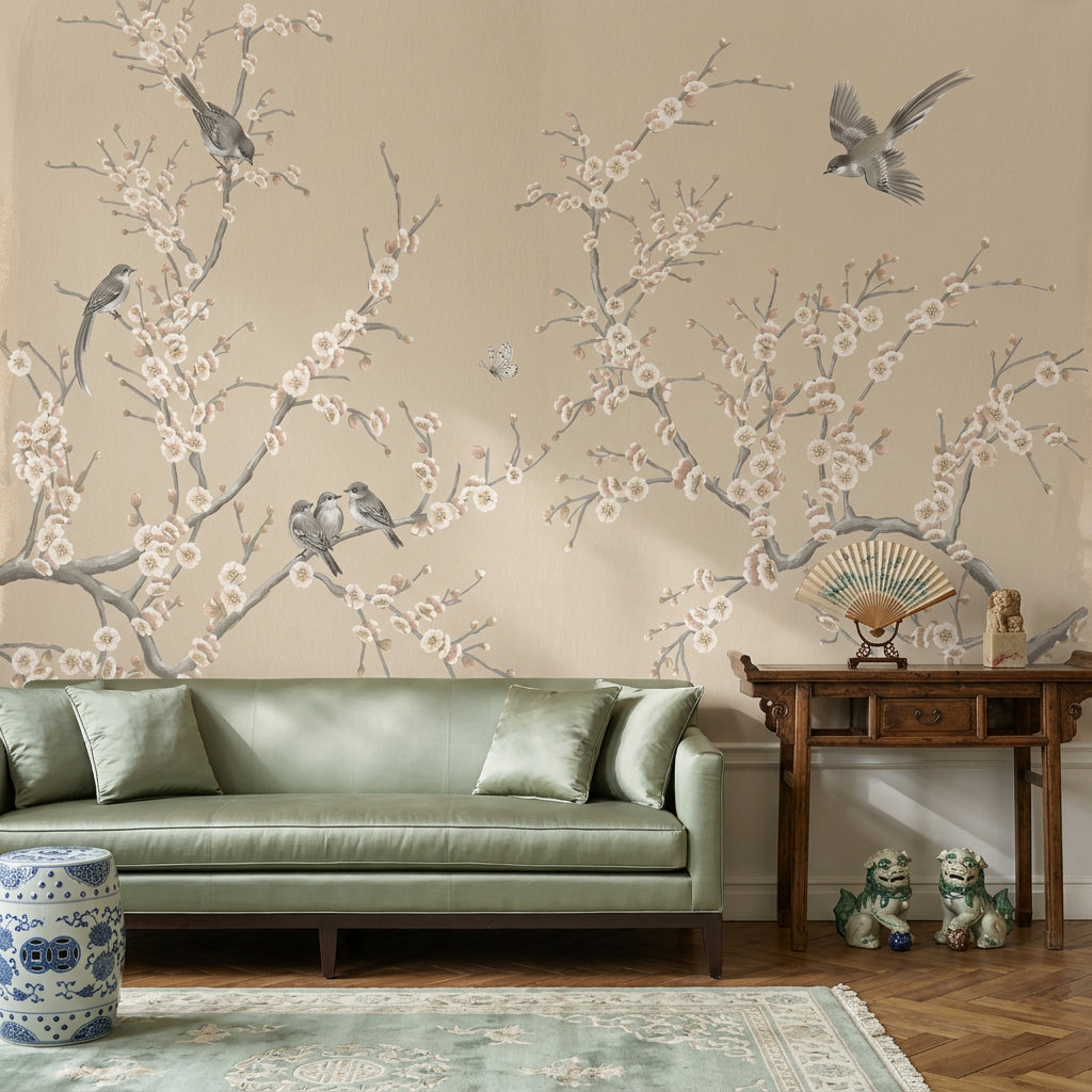 Cherry Blossom Wallpaper Floral Branches Birds Removable Wall Decor