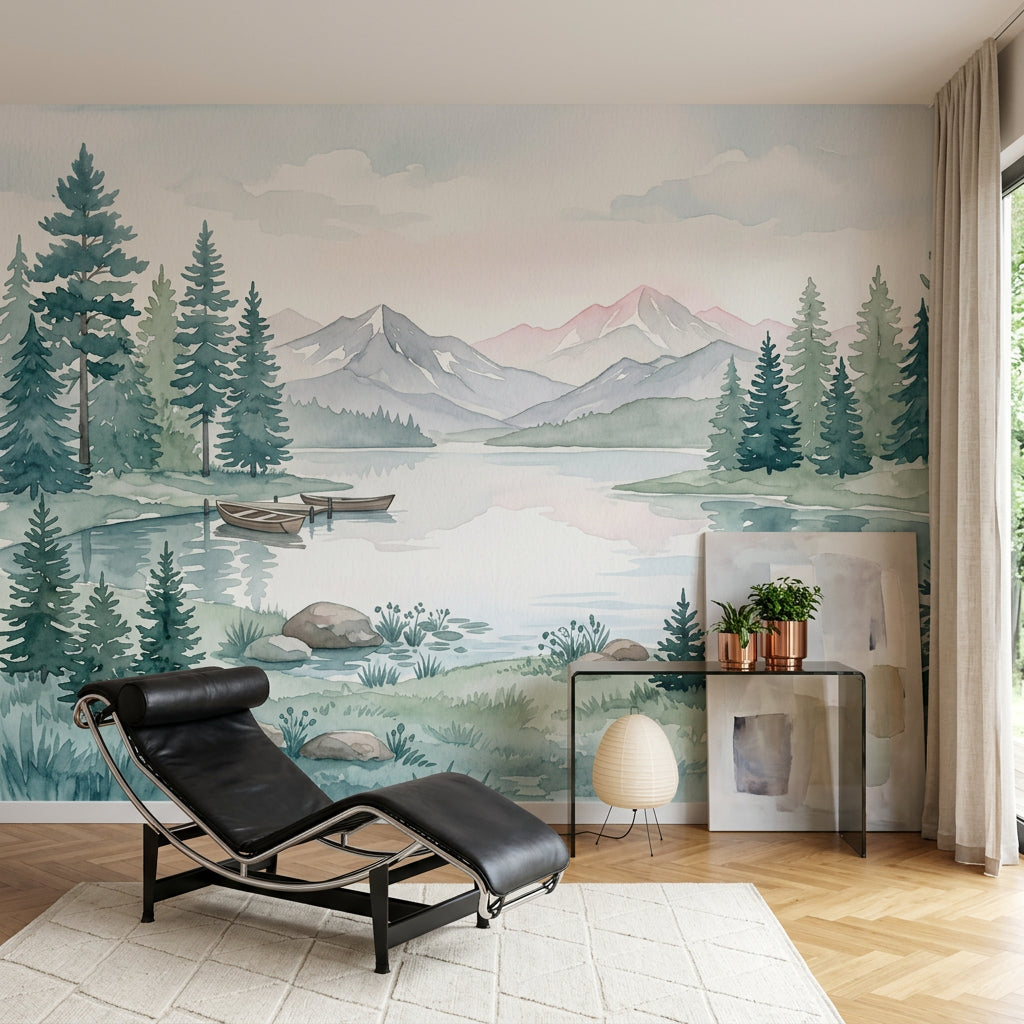 Watercolor Landscape Wallpaper Mountain Lake Pine Trees Wall Mural