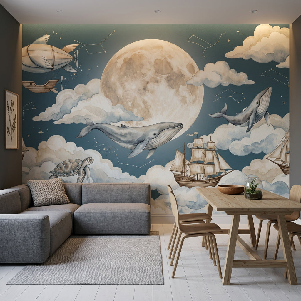 Blue Night Sky Wallpaper Moon Removable Watercolor Clouds Wall Decor