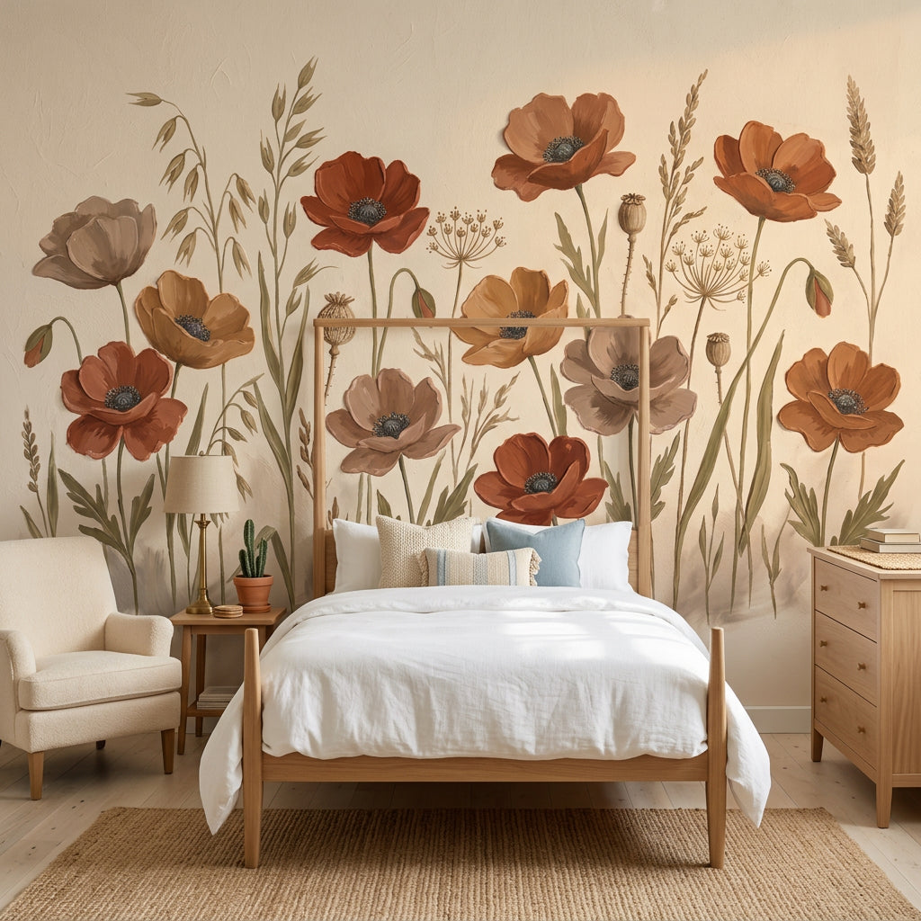 Wildflower Meadow Wallpaper Poppies Botanical Illustration Removable Wall Decor
