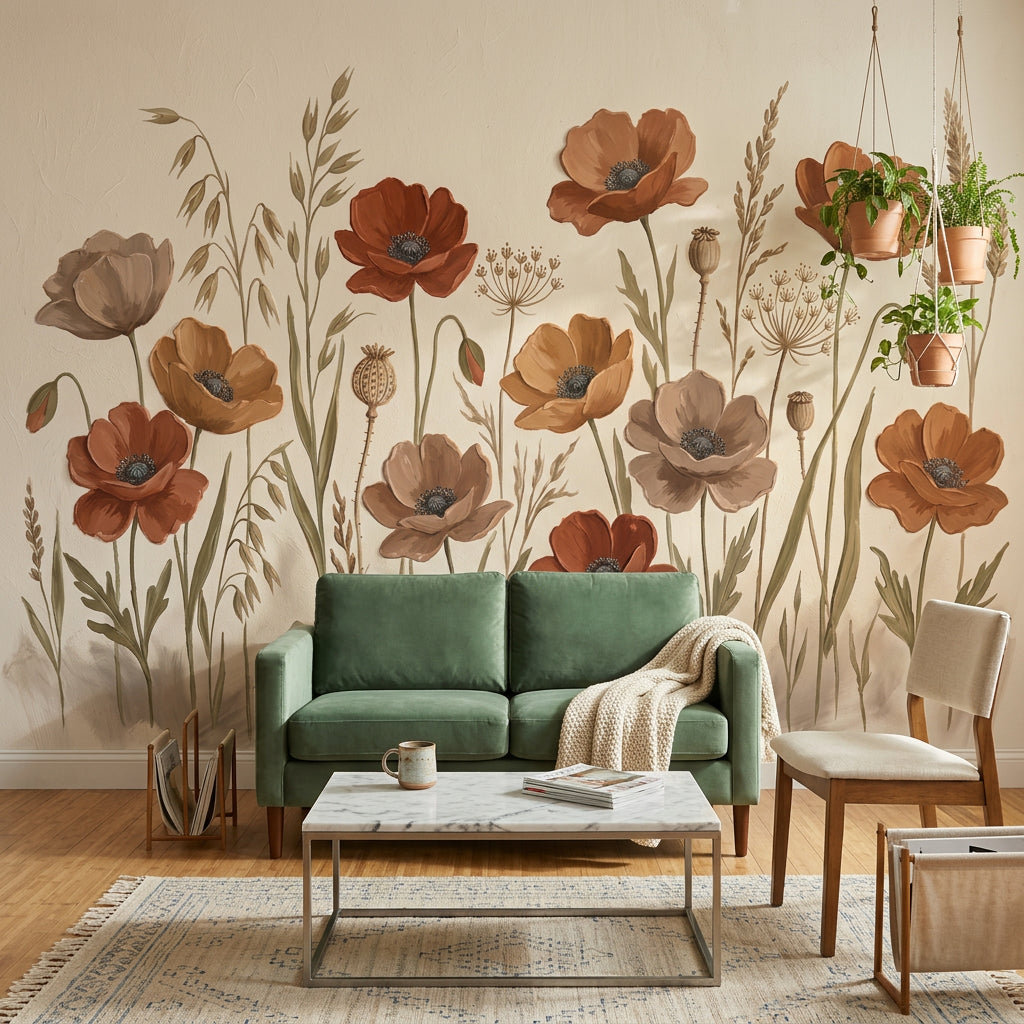 Wildflower Meadow Wallpaper Poppies Botanical Illustration Removable Wall Decor