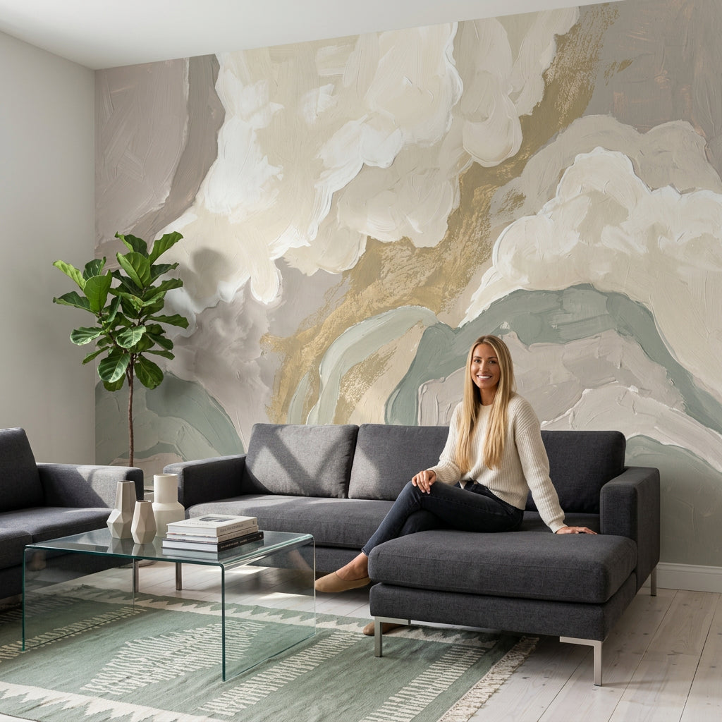 Abstract Landscape Wallpaper Painterly Brushstrokes Soft Clouds Wall Mural