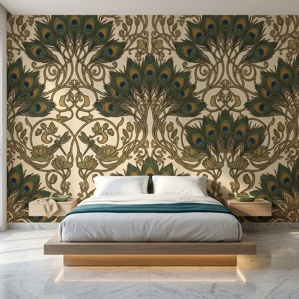 Peacock Feathers Wallpaper Ornamental Vines Art Deco Removable Wall Decor