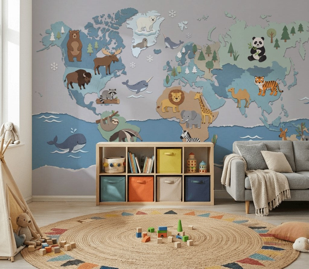 World Map Wallpaper Cute Animals Kids Wall Mural