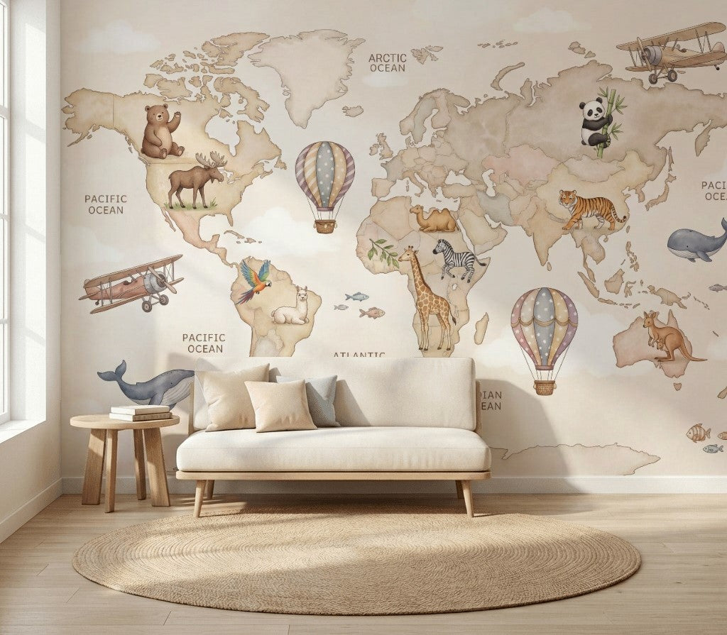 World Map Wallpaper Hot Air Balloon Removable Wall Decor