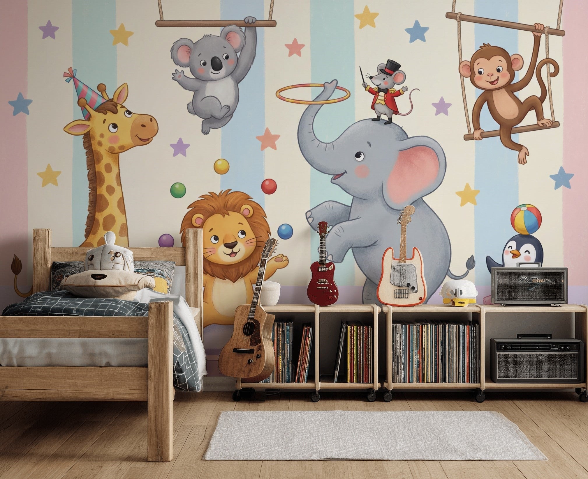 Circus Wallpaper Cute Animals Pastel Stripes Wall Mural