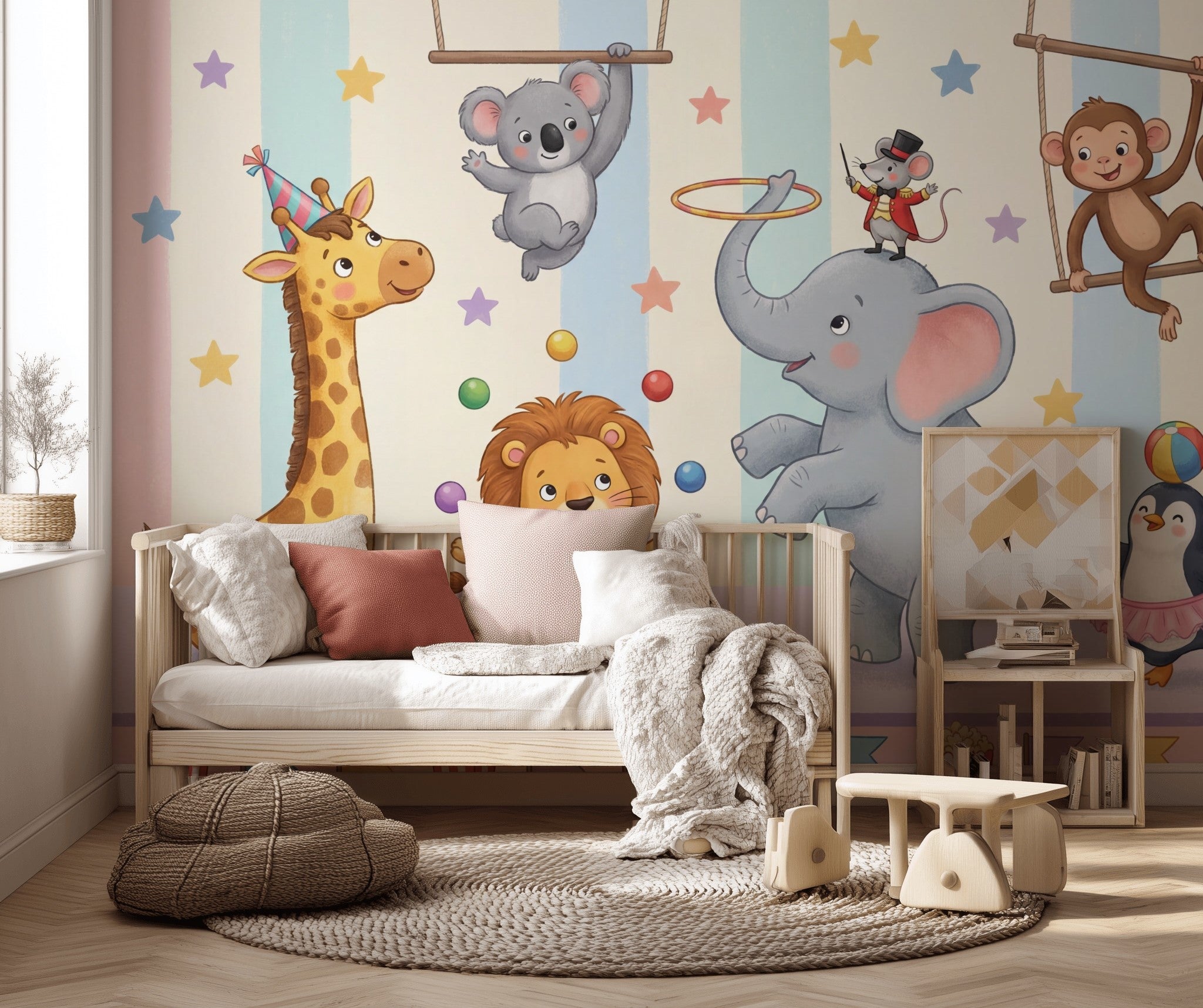 Circus Wallpaper Cute Animals Pastel Stripes Wall Mural