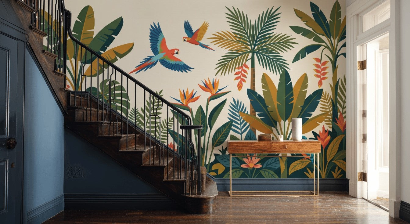 Rainforest Wallpaper Parrots Palm Leaves Wall Mural